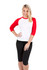 A women's 3/4 sleeve raglan T-shirt featuring red sleeves and a white body, paired with black shorts.
