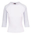 A women's 3/4 sleeve raglan T-shirt in white, featuring a contrasting sleeve design and a logo.