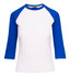 A women's 3/4 sleeve raglan T-shirt featuring white fabric with blue sleeves and a logo.