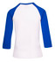 A 3/4 sleeve raglan T-shirt featuring a white body and blue sleeves, with a branding logo.
