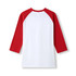 A women's 3/4 sleeve raglan T-shirt featuring a white body and red sleeves. It has a simple design and a logo.