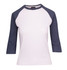 A Women's 3/4 sleeve raglan T-shirt with a white body and navy blue sleeves. It features a logo on the neckline.