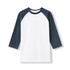 A Women's 3/4 sleeve raglan T-shirt with a white body and navy blue sleeves. It features a logo on the neckline.