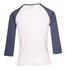 A women's 3/4 sleeve raglan t-shirt featuring a white body and navy blue sleeves, with a logo on the back.