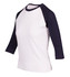A women's 3/4 sleeve raglan T-shirt in white with navy sleeves. It features a logo on the front.
