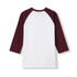 A Women's 3/4 Sleeve Raglan T-shirt in white with maroon sleeves, featuring a simple design and a logo.
