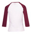 A Women's 3/4 Sleeve Raglan T-shirt in white with maroon sleeves, featuring a simple design and a logo.