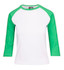 A white and green women's 3/4 sleeve raglan T-shirt featuring a logo.