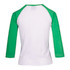 A 3/4 sleeve raglan T-shirt featuring white body and green sleeves, with a logo on the back.