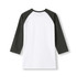 A women's 3/4 sleeve raglan t-shirt featuring a white body and grey sleeves, with a logo.