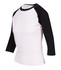 A women's 3/4 sleeve raglan T-shirt featuring a white body and black sleeves, with a logo on the front.