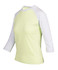 A women's 3/4 sleeve raglan T-shirt in light yellow with white sleeves, featuring a logo.