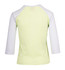 A women's 3/4 sleeve raglan T-shirt in light green with white sleeves, featuring a logo on the back.