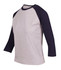 A grey and navy women's 3/4 sleeve raglan T-shirt with a simple design and a logo on the chest.