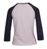 A women's 3/4 sleeve raglan T-shirt in grey with navy blue sleeves, featuring a logo on the back.