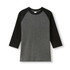 A women's 3/4 sleeve raglan T-shirt in grey and black, featuring contrasting sleeves and a logo.
