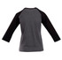 A grey and black women's 3/4 sleeve raglan t-shirt with a simple design and logo on the back.