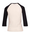 A women's 3/4 sleeve raglan T-shirt in cream with black sleeves. Includes a logo on the back.