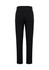 A pair of black slim fit flat front pants with a tailored design, featuring rear pockets.