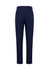 A pair of navy blue men's slim fit flat front pants with back pockets, featuring a logo on the waistband.