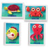 A set of four colorful cartoon sea creature erasers: a turtle, a crab, a pufferfish, and an octopus, each with a white border.