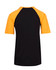 A unisex raglan sleeve tee featuring black and yellow colours, with a logo on the back.