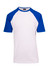 A unisex raglan sleeve tee featuring blue sleeves and a white body. Includes a branding logo.