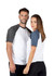 A unisex raglan sleeve tee featuring a white body and grey and navy sleeves, with a logo on the front.