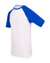 Men's unisex raglan sleeve tee in white with blue sleeves. Features a simple design and includes a logo.