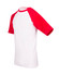 A unisex raglan sleeve tee featuring red sleeves and a white body, with a logo on one side.