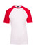 A men's/unisex raglan sleeve tee in white with red sleeves. The shirt has a branding label at the neckline.