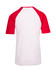 Men's/unisex raglan sleeve tee featuring red sleeves and a white body, with a logo on the back.