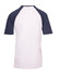 A unisex raglan sleeve tee with white body and navy sleeves, featuring a logo on the back.