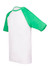 A unisex raglan sleeve tee featuring white fabric with green sleeves. It has a logo on the front.