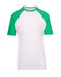 Men's unisex raglan sleeve tee in white with green sleeves, featuring a logo on the front.