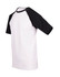 A unisex raglan sleeve tee featuring a white body and black sleeves. It has a logo on the front.
