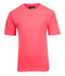 A pink kid's regular T-shirt with short sleeves and a round neck, featuring a label.