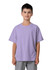 A purple kid's regular T-shirt displayed on a child, featuring short sleeves and a simple design.