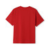 A red kid's regular T-shirt with short sleeves and a plain back. There's a logo on the back.