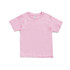 A pink kid's regular T-shirt with a crew neck and short sleeves, featuring a logo on the inside neck.