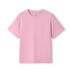 A pink kid's regular T-shirt with a crew neck and short sleeves, featuring a logo on the inside neck.