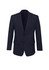 A classic navy blue men's blazer featuring a two-button closure and front pockets, with a logo on the inside.