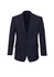 A classic navy blue men's blazer featuring a two-button closure and front pockets, with a logo on the inside.