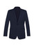 A slimline men's jacket in navy wool stretch fabric with a notch lapel and two front pockets. It features branding.