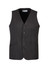 A black longline vest with a button front and two side pockets, featuring a logo on the inside label.