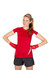 A red women's t-shirt with white accents, accompanied by a model wearing boxing wraps, smiling confidently.
