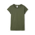 A green women's t-shirt with short sleeves, featuring a logo and a simple design.
