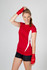 A red women's cool-dry T-shirt features white accents, paired with black shorts and red wrist wraps.