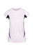A white women's T-shirt with black side panels and a fitted design, featuring a logo on the front.