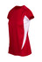 A red and white women's T-shirt with short sleeves and a sporty design, featuring a logo on the side.